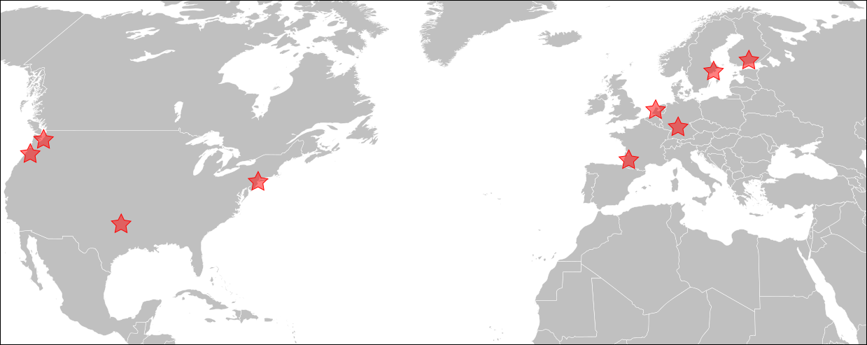 Map of north America, Europe, north Africa and western Asia showing 9 points of presence across north America and western Europe